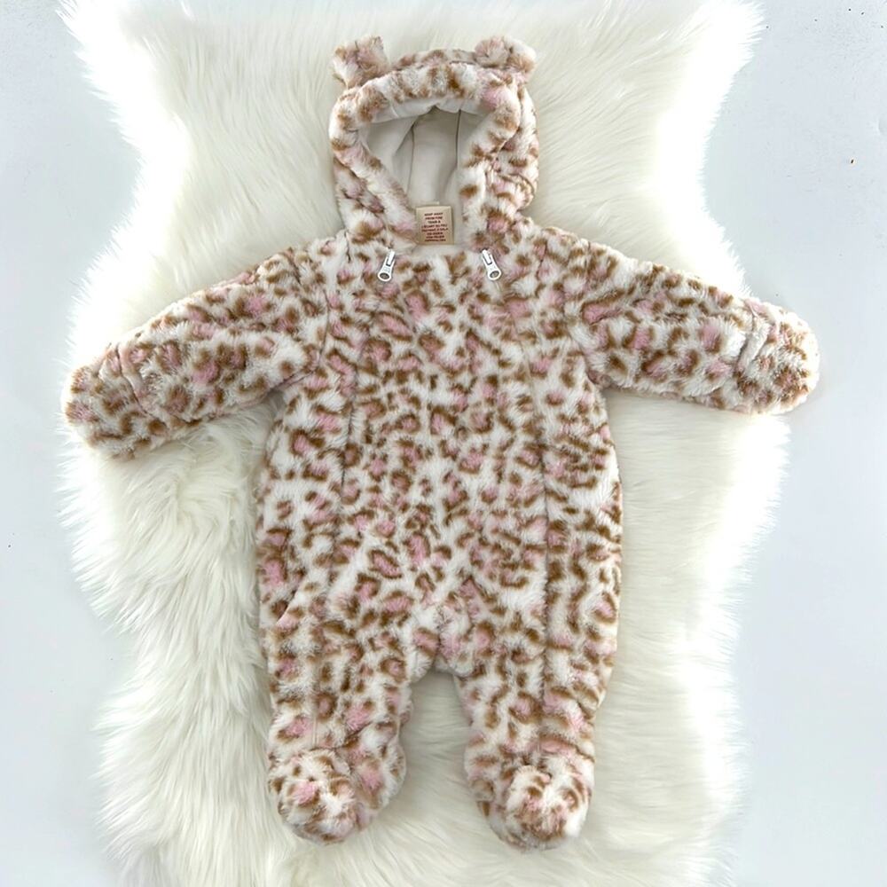 First Wish Baby Sherpa Winter Bear One Piece - Pink/Tan Leopard Print 0-3 Months